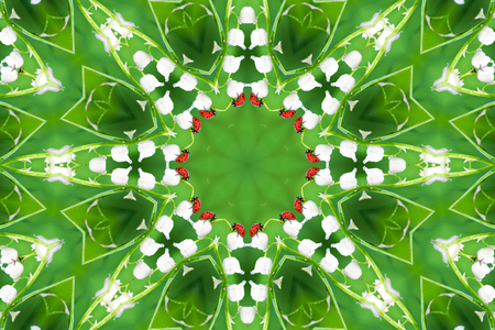abstract background of floral pattern of a kaleidoscope. red green background fractal mandala. geometrical ornament flower pattern. ladybug on wildflower lily of the valley. red ladybirdの写真素材