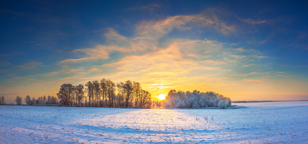 beautiful winter landscape panorama with sunrise. panoramic view with a field of sunshine and blue skyの写真素材