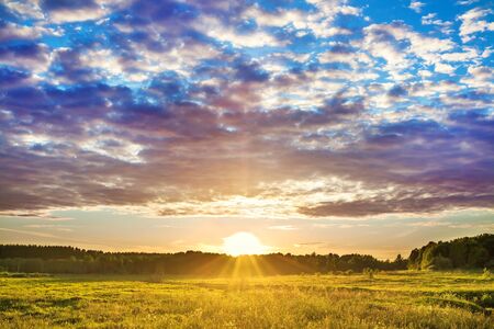 beautiful rural summer landscape with sunset and meadow. amazing scenery with clouds in sky and sunの写真素材