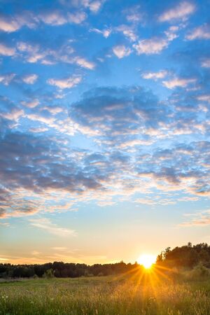 beautiful rural summer landscape with sunset and meadow. amazing scenery with clouds in sky and sunの写真素材