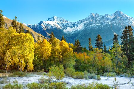 beautiful autumn mountain landscape. panoramic view of mountain peaksの写真素材