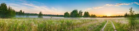 amazing panorama summer rural landscape with sunrise, fog and road. scenery spring panoramic view の写真素材