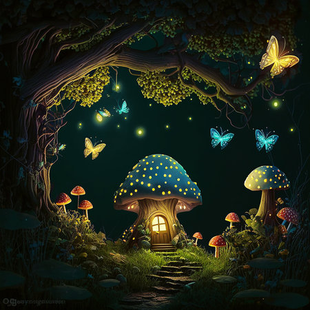 Beautiful fairy tale landscape with a night forest. Fantasy mushroom house. Magical elf home in a fabulous night forest 3d.の写真素材