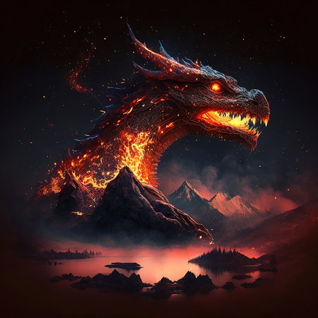 Fire Dragon in mountains. Volcanic eruptionの素材