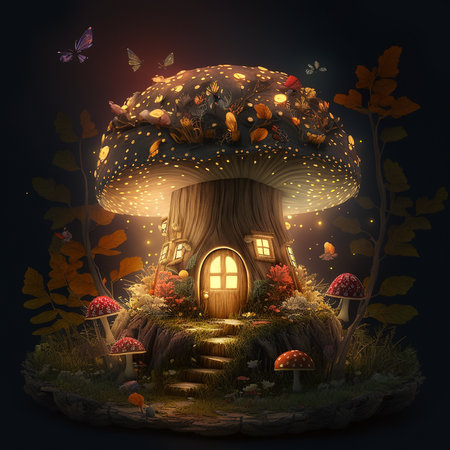 Fairy tale mushroom house. A magical elf house in a fabulous night forest.の素材
