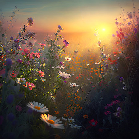 Beautiful spring landscape with blooming flowers on meadow and sunrise. Colored wildflowers blur backgroundの素材