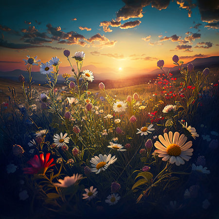 Beautiful spring landscape with blooming flowers on meadow and sunrise. Colored wildflowers blur backgroundの素材