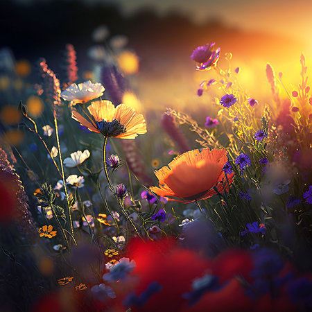 Beautiful spring landscape with blooming flowers on meadow and sunrise. Colored wildflowers blur backgroundの素材