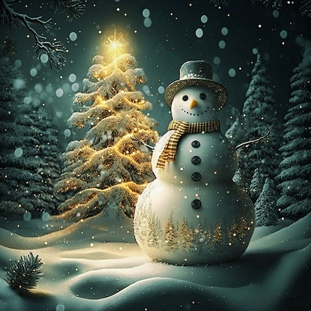 Christmas and New Year's  symbol of a holiday fir tree and snowman. Beautiful winter night landscape with a Christmas tree and a snowman.の素材