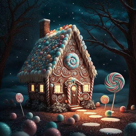 Beautiful fairy tale winter landscape with a gingerbread house. Christmas concept.の素材