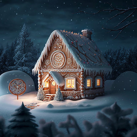Beautiful fairy tale winter landscape with a gingerbread house. Christmas concept.の素材