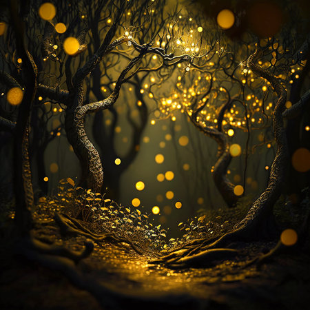 beautiful fairy tale night landscape with trees in the forest, glowing sparkle lights of fireflies.の素材