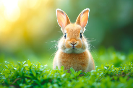 A cute fluffy Easter bunny is sitting on the lawn in the grass. AI generative.の素材