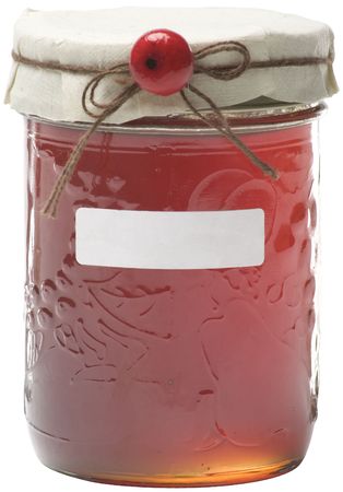 Apple jelly jay with white label and berry decoration, path includedの写真素材
