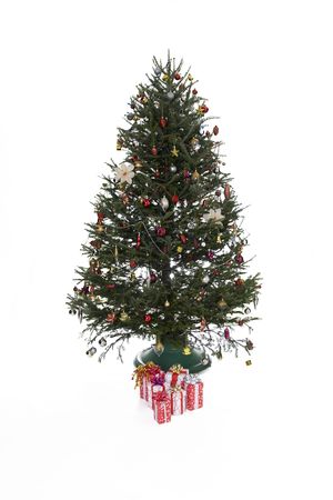 christmas tree with present in a red, gold and silver color paletteの写真素材