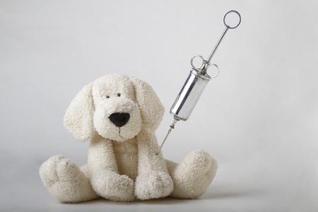 Metal syringe going into the arm of a stuff animalの写真素材