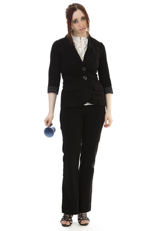Young business woman with an empty cup of coffee against white backgroundの写真素材