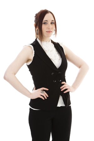 young woman in stylist business suit against a white backgroundの写真素材