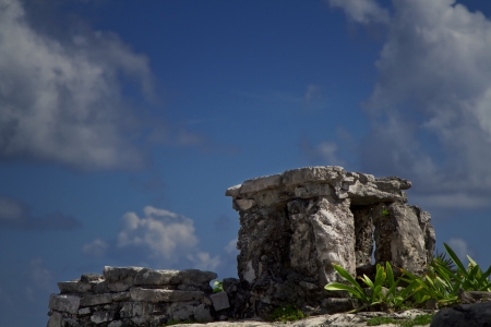 Close up view of a mayan altar with blue skyの写真素材