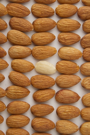 almond put in a row with one peeled almond in the middleの写真素材