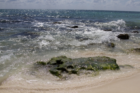 ocean wave battering on a rock covered with algeaの写真素材