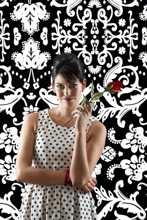 young woman in front of a black and white textured background with 60の写真素材