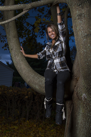 young woman sitting in a tree at duskの写真素材