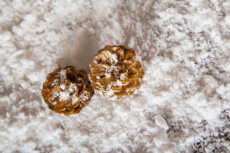 top view of two gold plated pine cone in the snowの写真素材