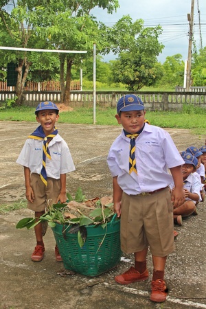 UDONTHANI, THAILAND â JULY 4, 2019:  Thai students keep some garbage that be not problem to their school area,  see them at BAN NONG WANG NON KHI LEK school in UDONTHANI province THAILAND.のeditorial素材