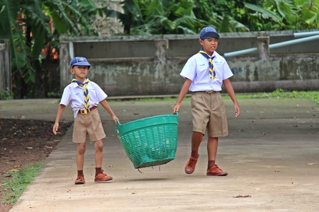 UDONTHANI, THAILAND â JULY 4, 2019:  Thai students keep some garbage that be not problem to their school area,  see them at BAN NONG WANG NON KHI LEK school in UDONTHANI province THAILAND.のeditorial素材