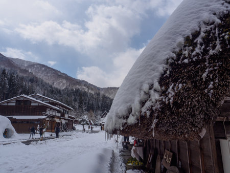 Close up snow on the roof of the house, old Japanese house in winter, Shirakawagoの写真素材