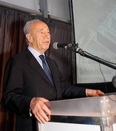 Israel. July 6, 2009. Israeli President Shimon Peres at the opening of an electronic factory with Chinese specialistsのeditorial素材