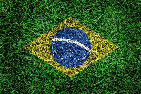 Brazil flag texture on green grass in the garden for backgroundの写真素材