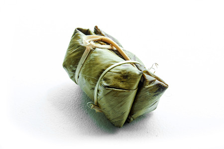 close up Thai traditional sticky rice dessert on banana leafの写真素材