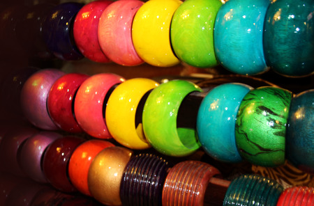 wood bangle background in asian fashion shopの写真素材