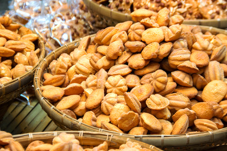 ancient Thai dessert egg cake recipe made with eggs and flour in bamboo basketの写真素材