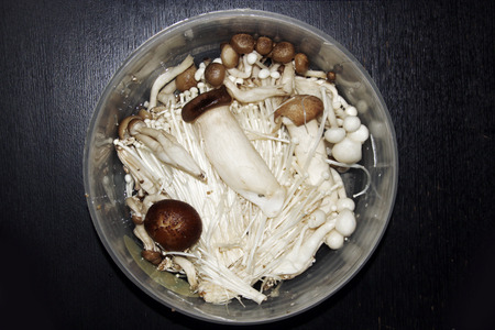 mix mushroom ingredient for vegetarial cookingin dark wood backgroundの写真素材