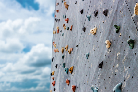 close up artificail stone in moutain training cliff on skyの写真素材