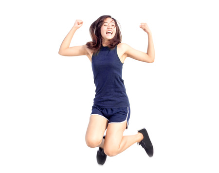 moving shot asian Thai girl jumping on white