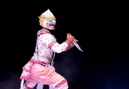 asian and Thailand traditional performance drama call ramayana in monkey suite on black isolate backgroundの写真素材