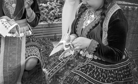 close up hand made fabric from cotton with putching tool in agriculture rural life
