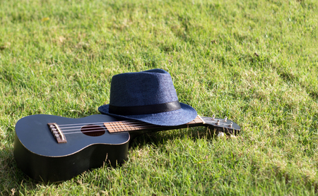 ukulele with hat on green grass in summer day on parkの写真素材
