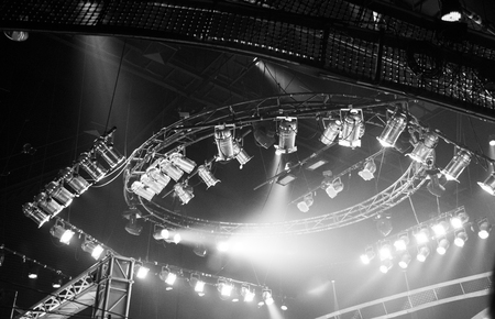 Spotlight on rooftop of production on studio and light to stage for entertainment industryの写真素材