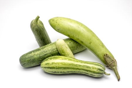 fresh asian Thai vegetable mix cucumber race and eggplant on white isolatedの写真素材