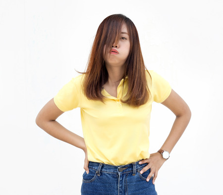 asian lady bad mood action on white backgroundの写真素材