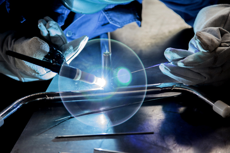 close up worker use argon gas steel welding in factoryの写真素材