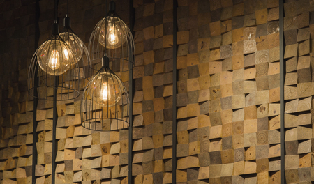 classic interior with warm light tube and wood wall backgroundの写真素材