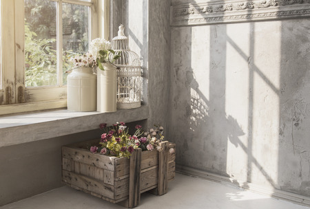 interior indoor garden victorian vintage style at window corner and morning light from gardenの写真素材