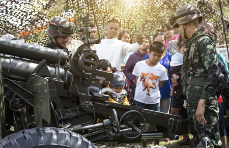 13 January 2018,Nakornrachasima,Thailand. Soldier army show canon weapon to people in kid days festival in Thailandのeditorial素材