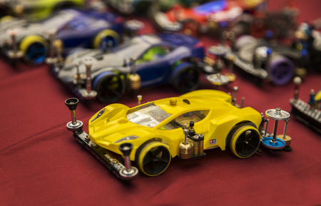 13 January 2018,Nakornrachasima,Thailand. mini car model racing game boy toy speed competition on red carpetのeditorial素材